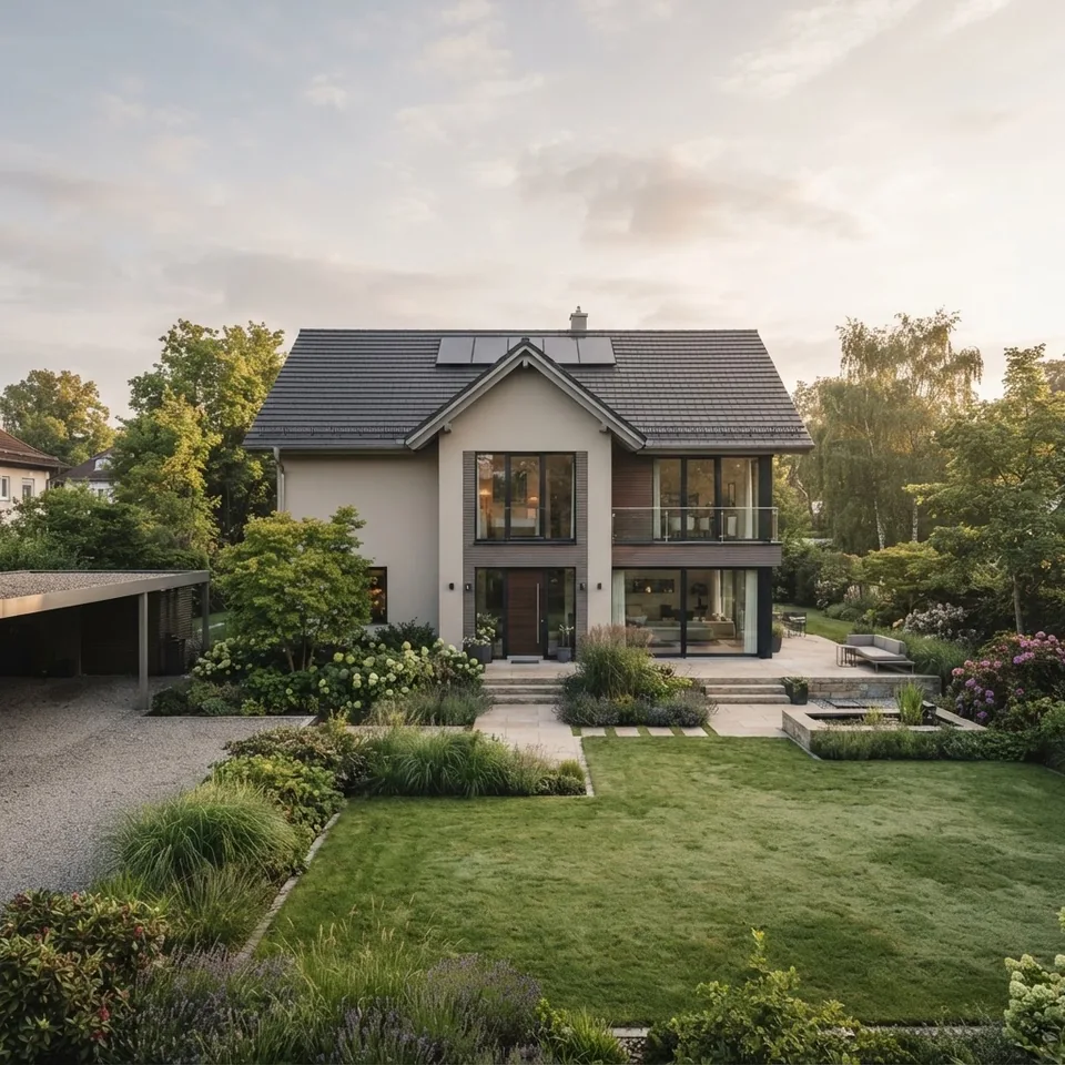 Freistehendes Wohnhaus mit Garten und geneigtem Dach