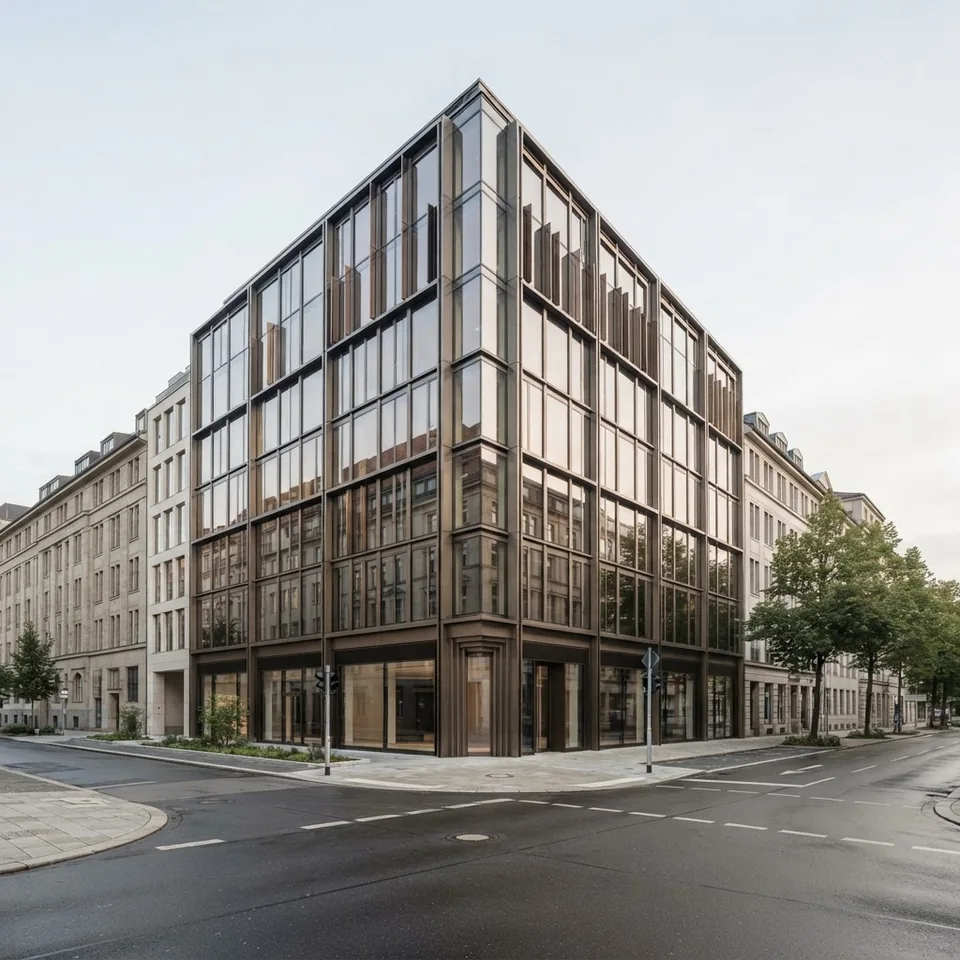 Mehrgeschossiges Gewerbegebäude an einer Straßenecke