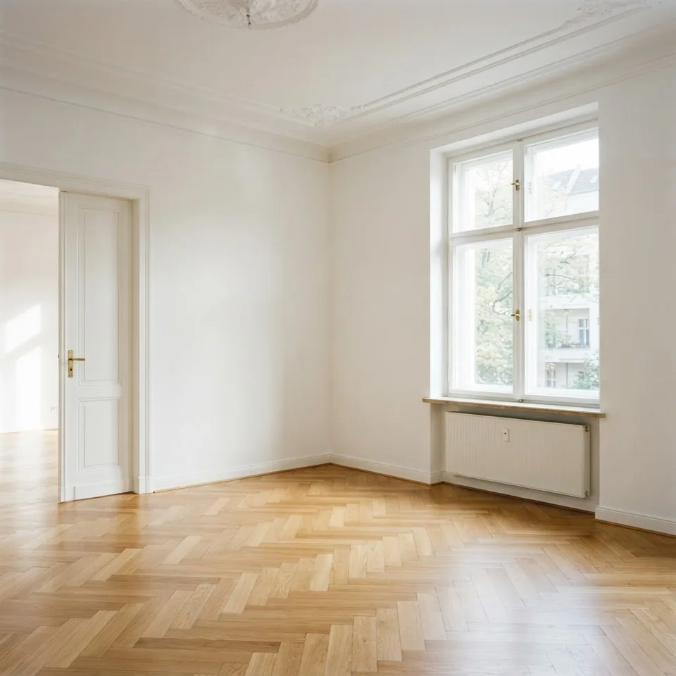Heller Wohnraum mit Holzboden und großen Fenstern